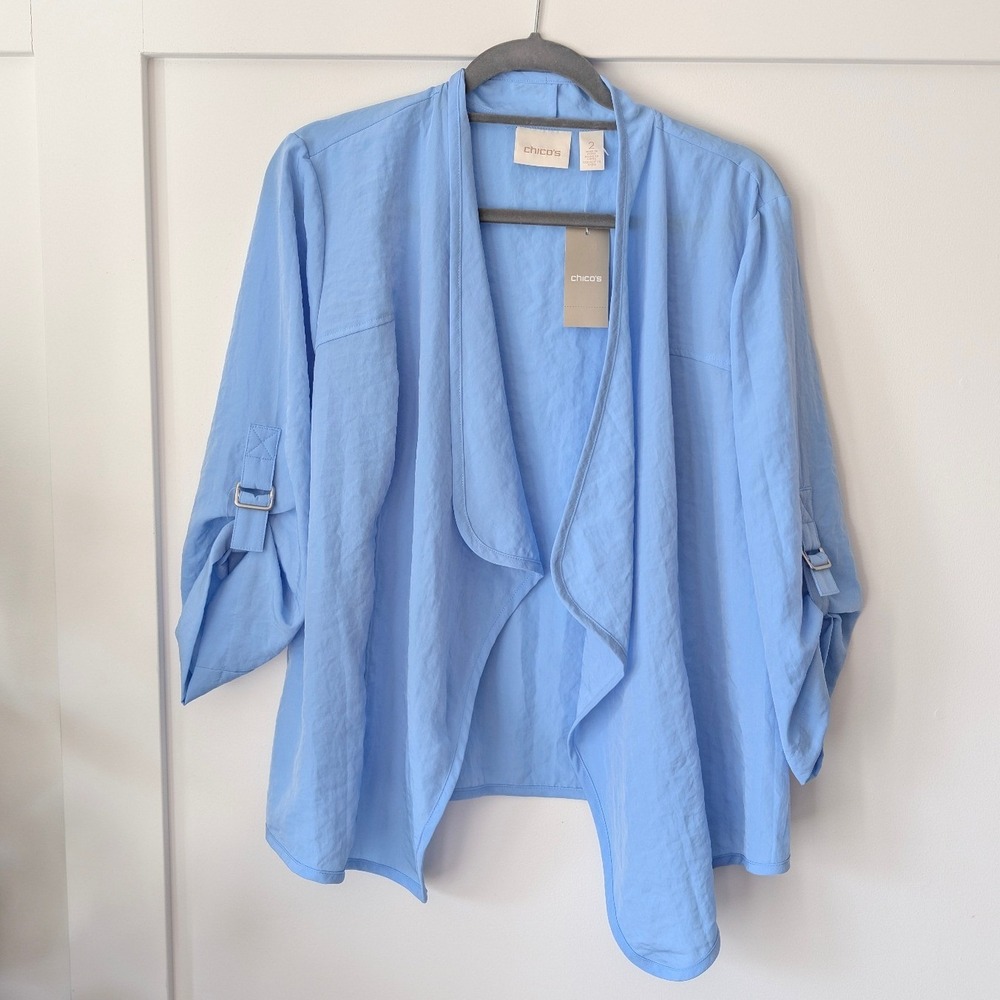 Chico's Fairview Blue Hi-Lo Knit Inset Jacket Open Front Sz 2 (Large)NEW w/ Tags